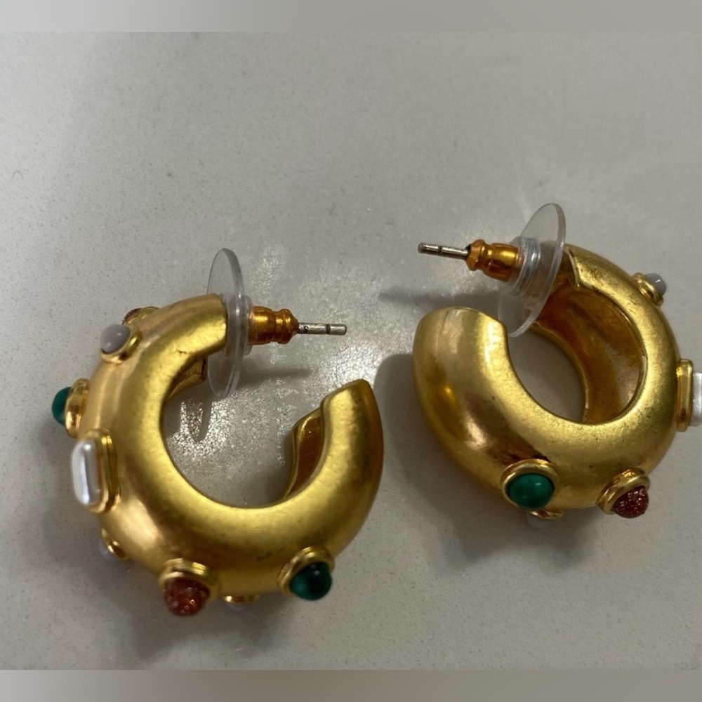 J. Crew Gold Hoop Earrings with Green and Red Gems - Picture 2 of 4